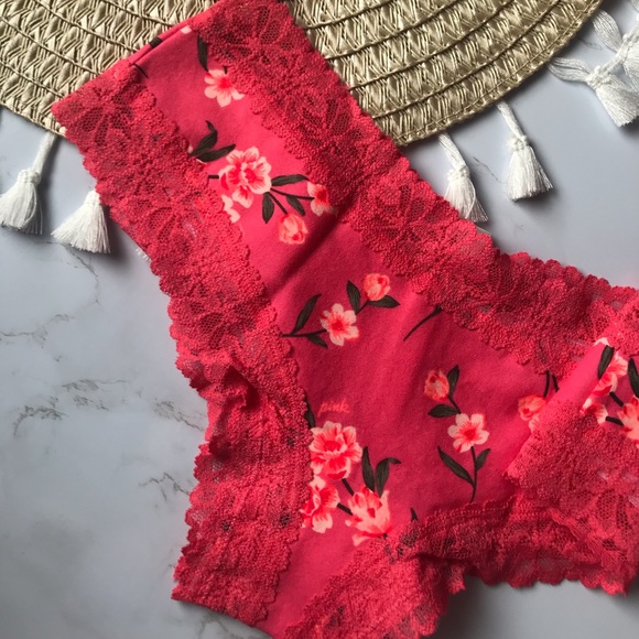 Victoria’s Secret PINK Lace Trim Cheekster Panty Coral Pink Dafodils NEW - Picture 4 of 6